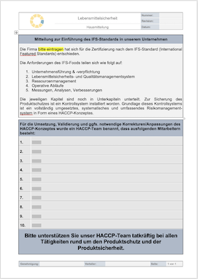 Formular Hausmitteilung HACCP-Konzept