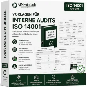 Audit-Checklisten ISO 14001 für interne Umweltmanagement-Audits mit Vorlagen für Auditplanung, Auditdurchführung und Verbesserungsmaßnahmen.
