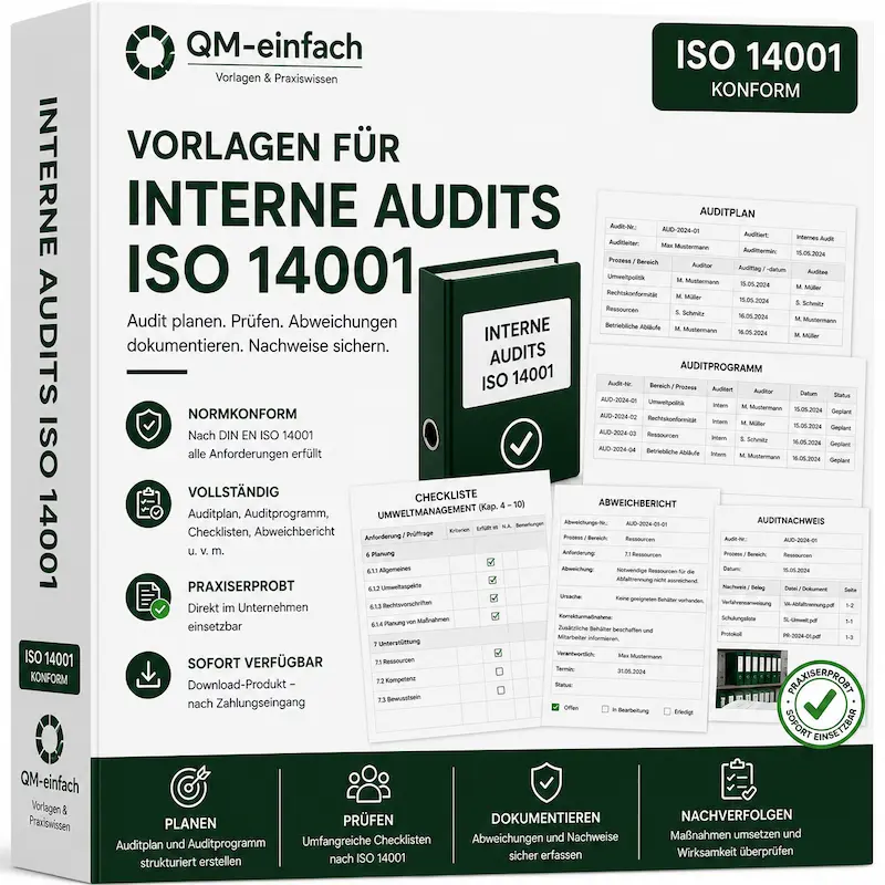 Audit-Checklisten ISO 14001 für interne Umweltmanagement-Audits mit Vorlagen für Auditplanung, Auditdurchführung und Verbesserungsmaßnahmen.