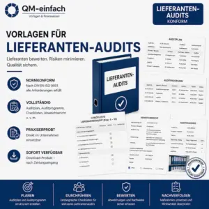 Professionelles Audit-Checklisten Lieferantenaudits und Erstqualifizierungen mit Vorlagen zu Qualitätsmanagement, Umweltmanagement, Arbeitssicherheit und Lieferantenbewertung.