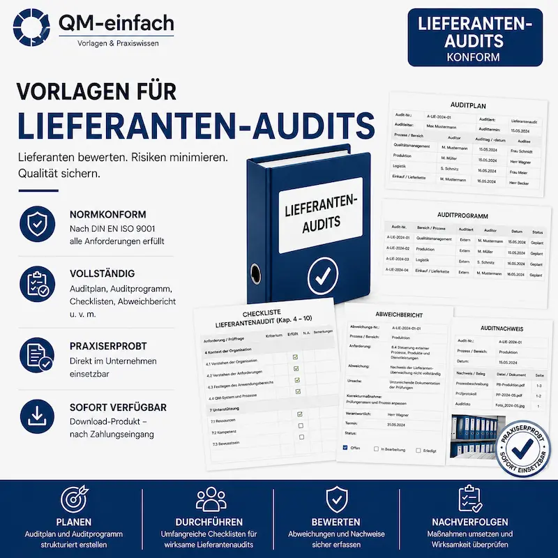 Professionelles Audit-Checklisten Lieferantenaudits und Erstqualifizierungen mit Vorlagen zu Qualitätsmanagement, Umweltmanagement, Arbeitssicherheit und Lieferantenbewertung.