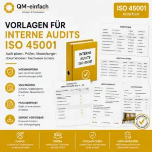 Professionelles Audit-Checklisten Set für SGA-Managementsystem-Audits nach ISO 45001:2018, Audit-Checklisten ISO 45001 mit Vorlagen für Auditprogramm, Auditplan, Auditbericht und Maßnahmenmanagement.