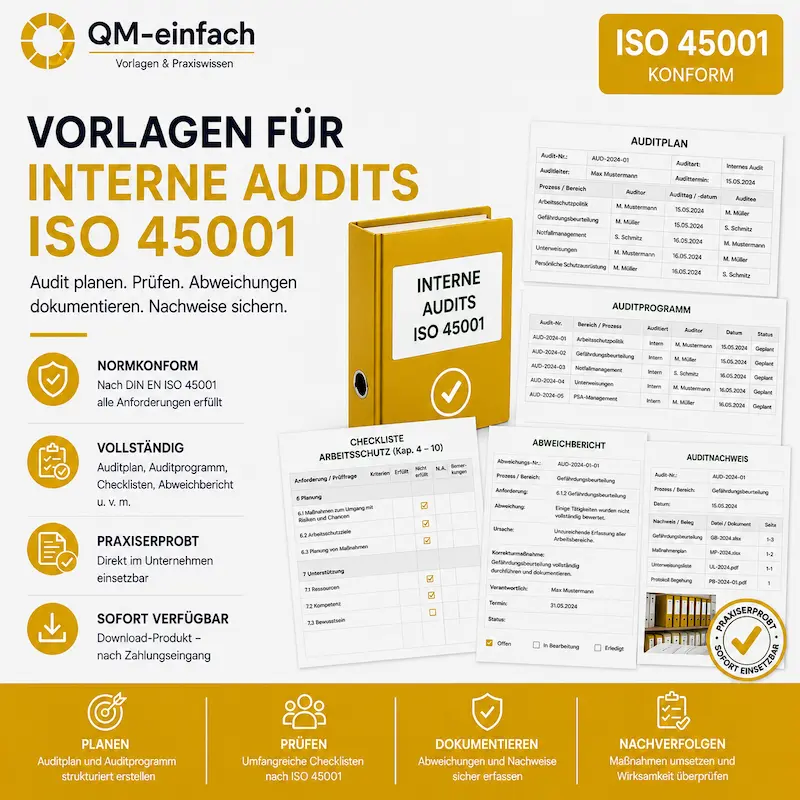 Professionelles Audit-Checklisten Set für SGA-Managementsystem-Audits nach ISO 45001:2018, Audit-Checklisten ISO 45001 mit Vorlagen für Auditprogramm, Auditplan, Auditbericht und Maßnahmenmanagement.