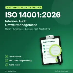 Auditpaket internes Audit ISO 14001:2026 mit Audit-Fragenkatalog und Vorlagen für das Umweltmanagement zum Sofort-Download