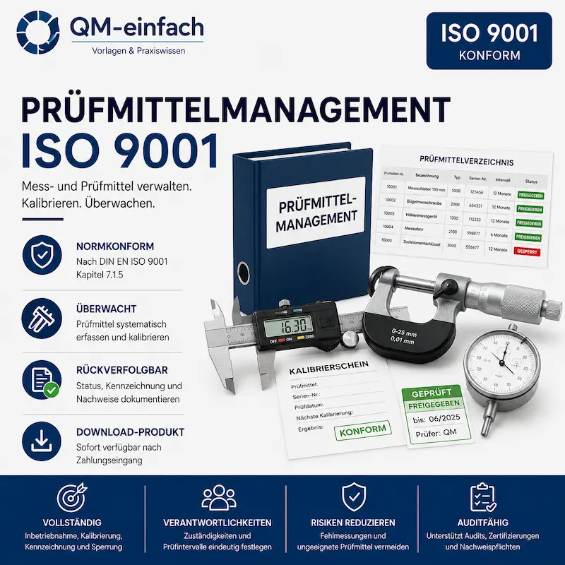 Arbeitsanweisungen Prüfmittelmanagement ISO 9001 mit Prüfmittelverzeichnis, Kalibrierung und Prüfmittelkennzeichnung