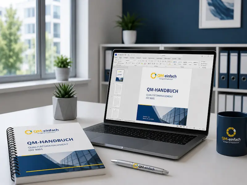 QM-Handbuch Vorlage nach ISO 9001 auf Laptop in modernem Büro – digitale Qualitätsmanagement-Dokumentation mit editierbaren Word-Vorlagen