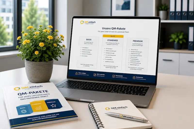 QM-Komplettpaket mit ISO 9001 Vorlagen auf Laptop in modernem Büro – Qualitätsmanagementsystem einfach aufbauen