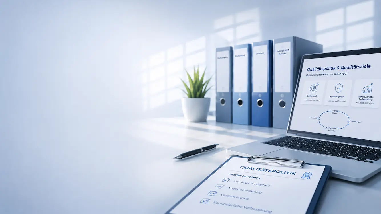Qualitätspolitik nach ISO 9001 mit Fokus auf Kundenorientierung, Qualitätsziele, Prozessqualität und kontinuierliche Verbesserung.