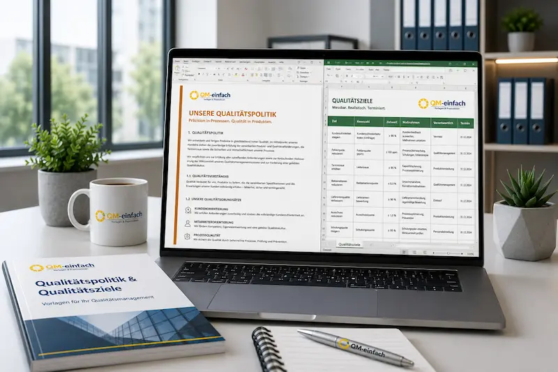 Qualitätspolitik und Qualitätsziele nach ISO 9001 als digitale Vorlage auf Laptop mit editierbaren Word- und Excel-Dokumenten