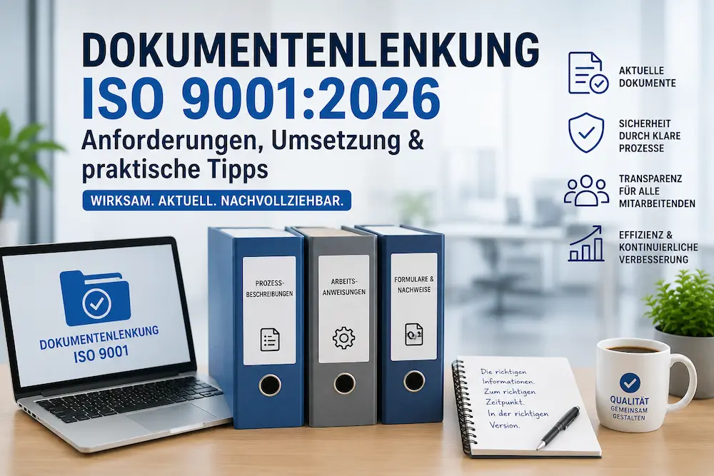 Dokumentenlenkung ISO 9001 mit QM-Dokumentation, Prozessbeschreibungen, Arbeitsanweisungen und digitalem Dokumentenmanagement