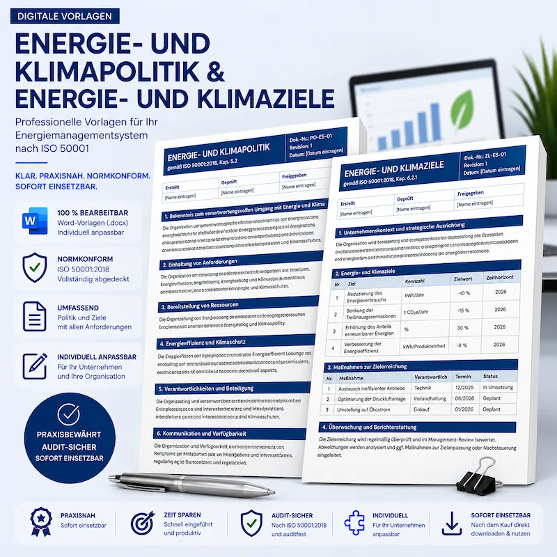 Energie- und Klimapolitik sowie Energie- und Klimaziele nach ISO 50001 als bearbeitbare Vorlagen