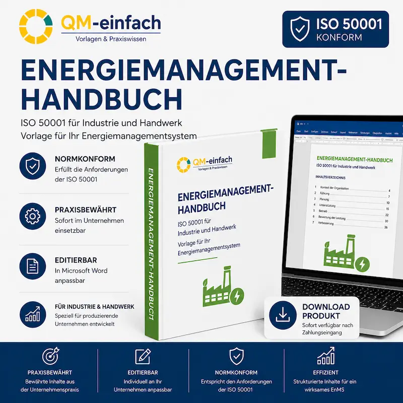 Energiemanagement-Handbuch Industrie als editierbare ISO 50001 Vorlage für Produktionsunternehmen und Handwerksbetriebe.
