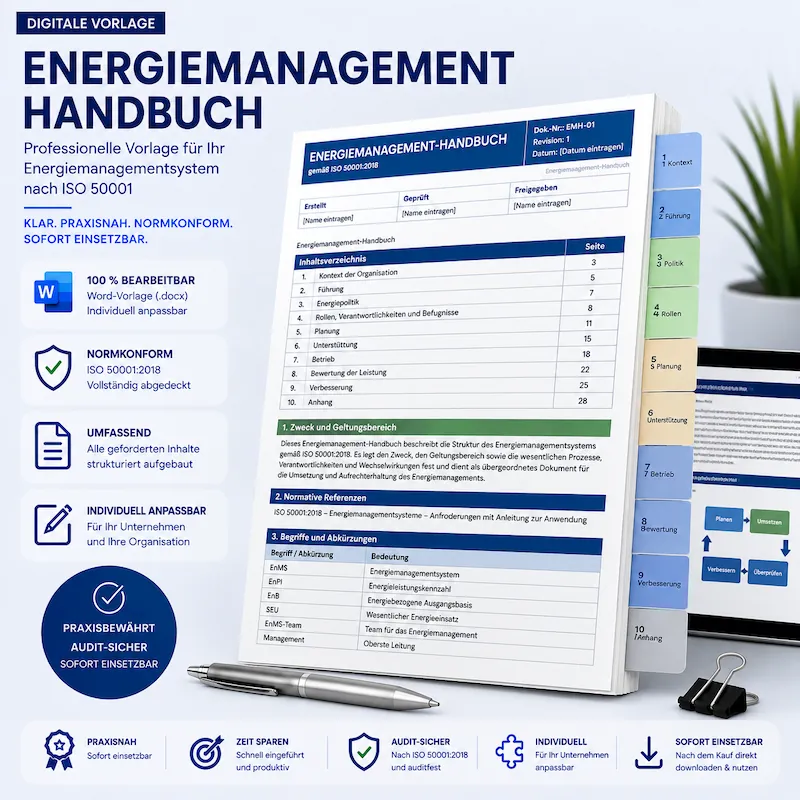 Energiemanagement Handbuch ISO 50001:2018 als bearbeitbare Word-Vorlage