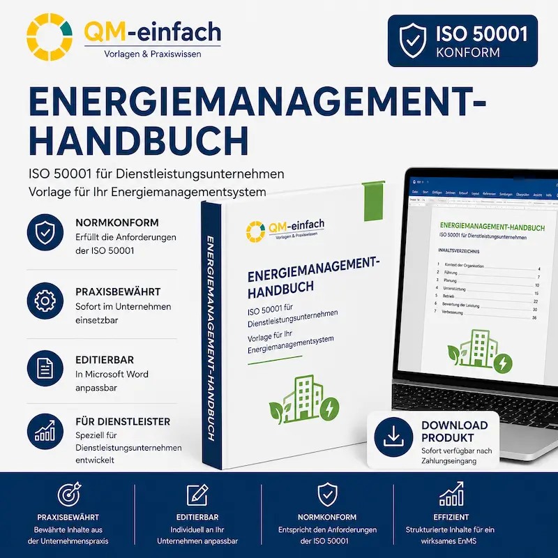 Energiemanagement-Handbuch ISO 50001 als editierbare Word-Vorlage für Dienstleistungsunternehmen zur Einführung eines Energiemanagementsystems.