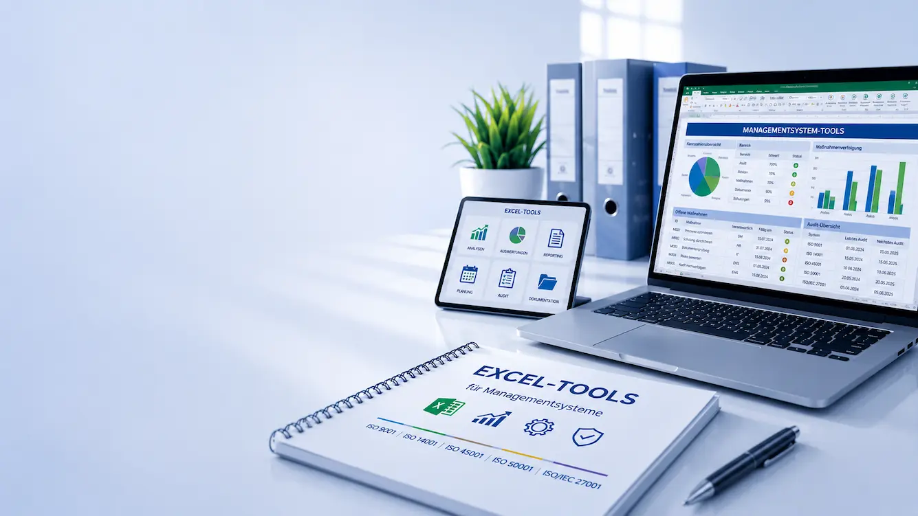Headerbild mit professionellen Excel-Tools für Managementsysteme zur Auswertung, Dokumentation und Prozesssteuerung nach ISO 9001, ISO 14001, ISO 45001, ISO 50001 und ISO/IEC 27001.