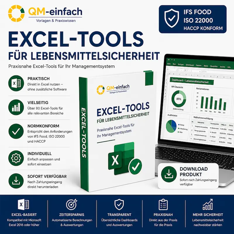 Excel Tools für die Lebensmittelsicherheit nach IFS Food, ISO 22000 und HACCP mit Dashboards, Kennzahlen, Auswertungen und editierbaren Excel-Vorlagen