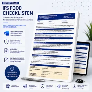 Universelles Produktbild für editierbare Word-Vorlagen von IFS Food Version 8 Checklisten mit Formularen zur Wirksamkeitskontrolle, Stammdaten und Audit-Badges.