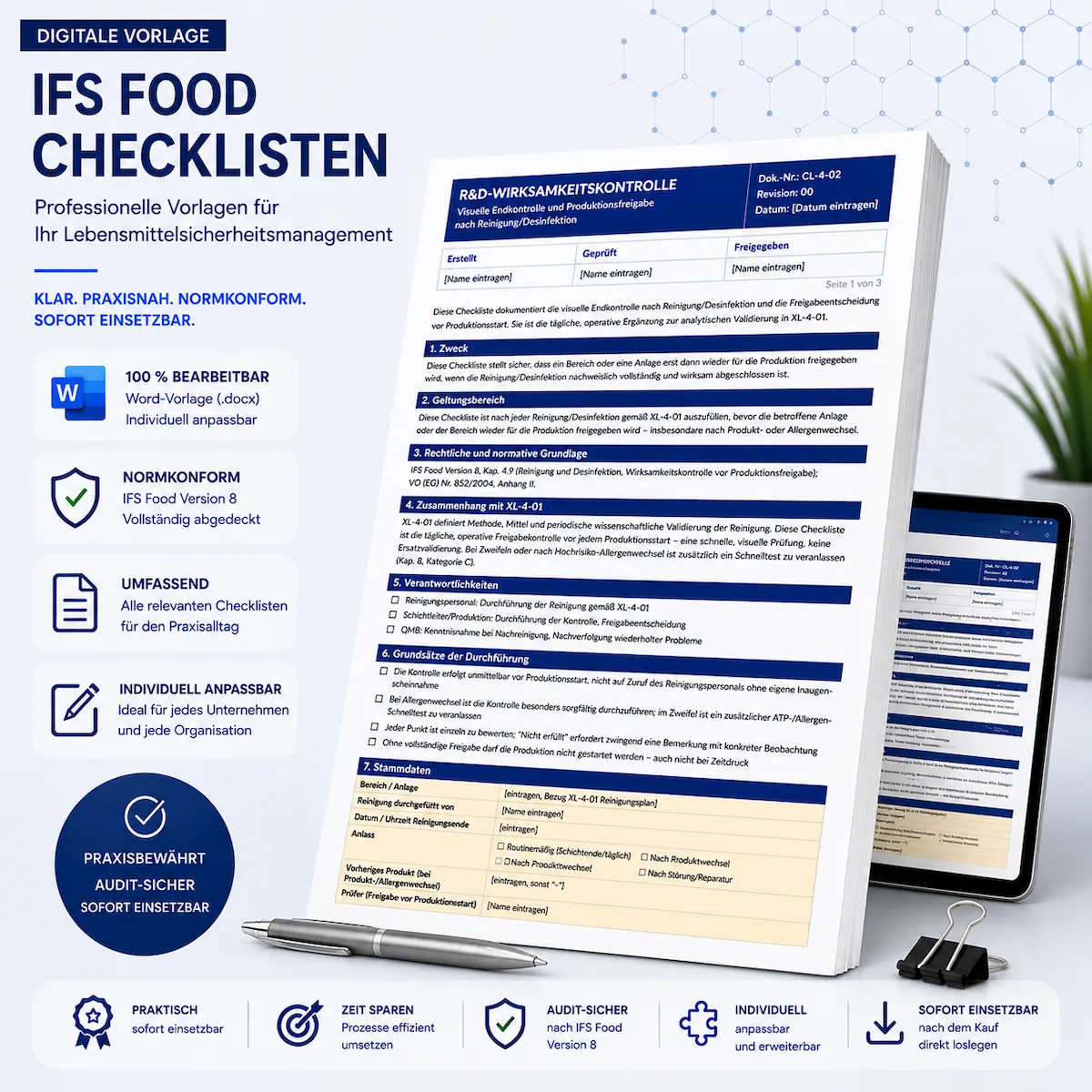 Universelles Produktbild für editierbare Word-Vorlagen von IFS Food Version 8 Checklisten mit Formularen zur Wirksamkeitskontrolle, Stammdaten und Audit-Badges.