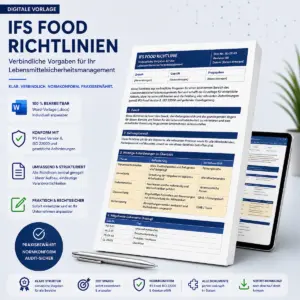 Produktbild einer editierbaren Word-Vorlage für IFS Food Version 8 Richtlinien mit einer Übersicht zu Verantwortlichkeiten, Geltungsbereich und mitgeltenden Dokumenten.