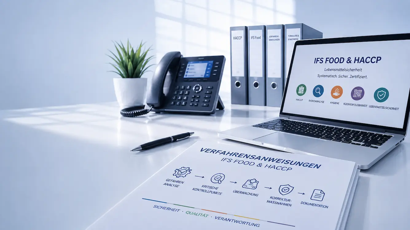 IFS-Food-Vorlagen für HACCP und Lebensmittelsicherheit – moderne Dokumentation mit Verfahrensanweisungen, Laptop und Managementsystem.