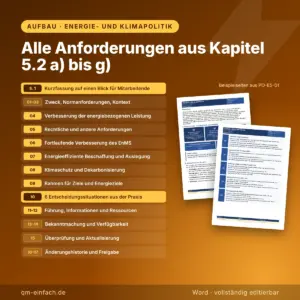 Gliederung der Energie- und Klimapolitik nach ISO 50001 mit Kurzfassung, 17 Abschnitten, Entscheidungssituationen sowie Beispielseiten aus PO-E5-01