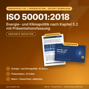 Energie- und Klimapolitik nach ISO 50001:2018 Kapitel 5.2 für Industrieunternehmen: Titelseite der Word-Vorlage und Titelfolie der PowerPoint-Präsentation, Variante Industrie