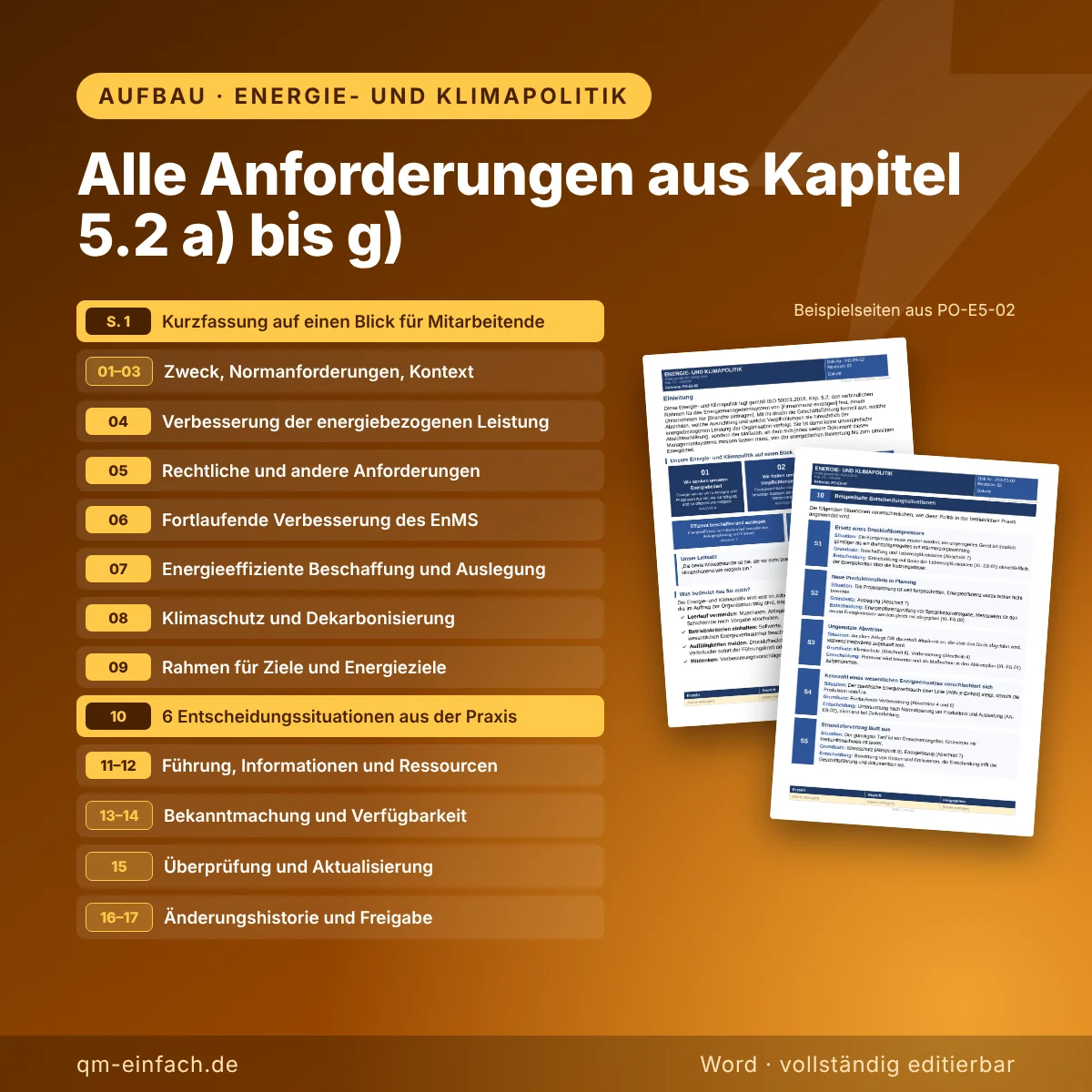 Gliederung der Energie- und Klimapolitik nach ISO 50001 für Industrieunternehmen mit Kurzfassung, 17 Abschnitten, Entscheidungssituationen sowie Beispielseiten aus PO-E5-02