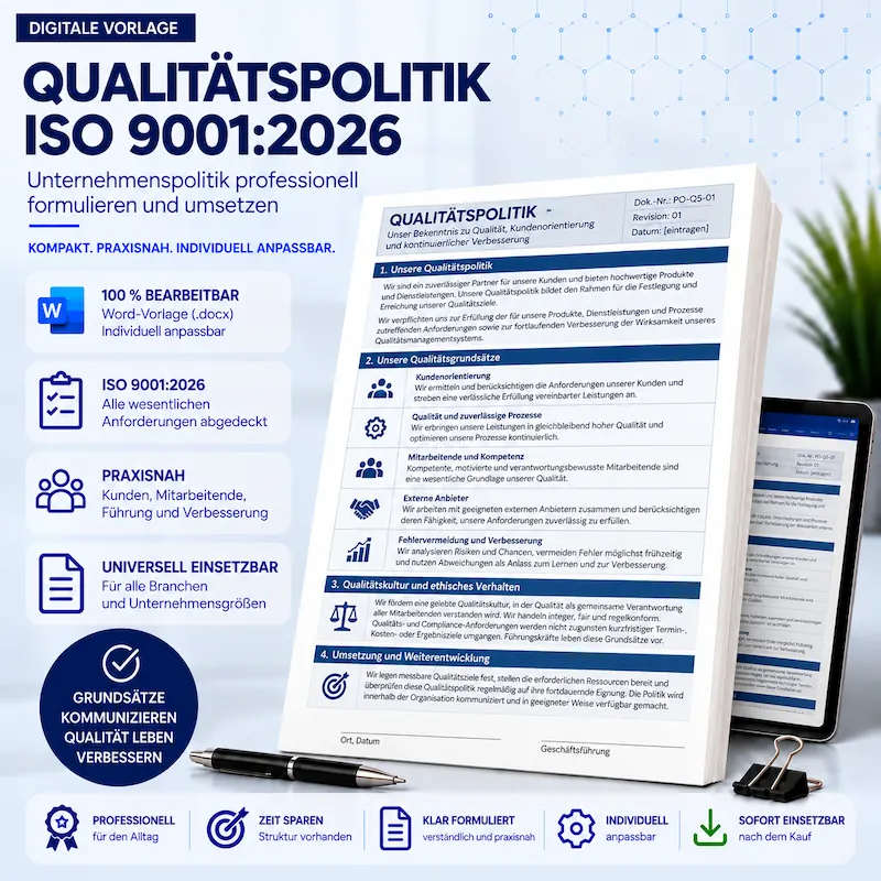 Qualitätspolitik ISO 9001:2026 Vorlage als bearbeitbares Word-Dokument