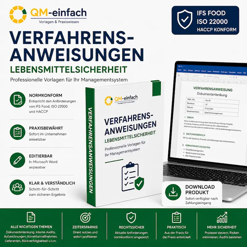 Verfahrensanweisungen für die Lebensmittelsicherheit nach IFS Food, ISO 22000 und HACCP – editierbare Word-Vorlagen für ein normkonformes Managementsystem