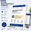 Produktbild für die Umweltmanagementhandbuch ISO 14001 Vorlage als Word-Dokument mit Dashboard-Ordner und Tablet-Vorschau.