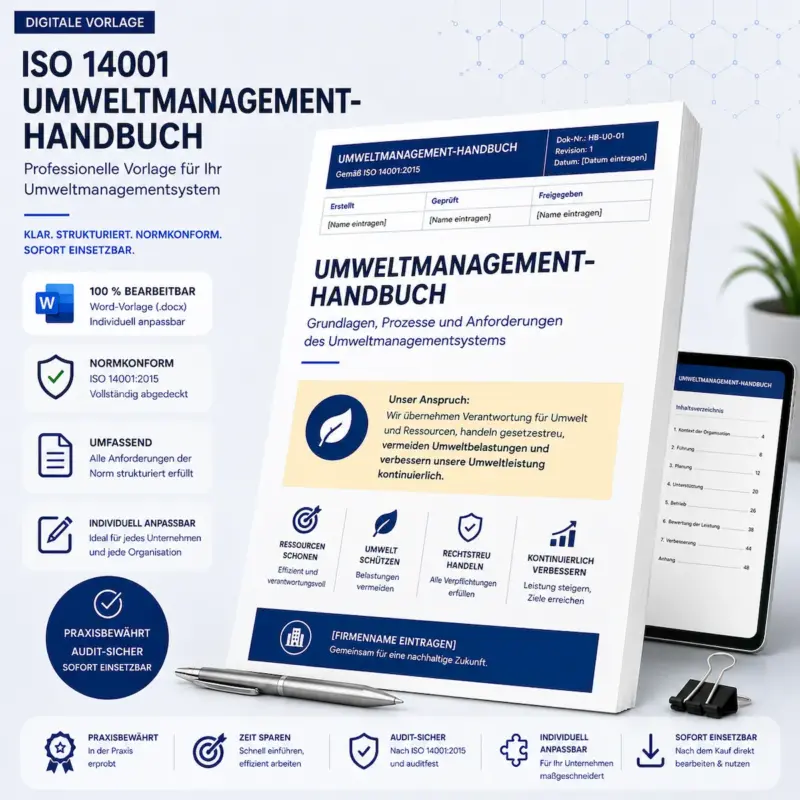 Produktbild für die Umweltmanagementhandbuch ISO 14001 Vorlage als Word-Dokument mit Dashboard-Ordner und Tablet-Vorschau.