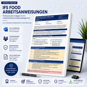 Produktbild einer strukturierten Word-Vorlage für IFS Food Version 8 Arbeitsanweisungen zur Personalhygiene mit klaren Zweck- und Geltungsbereichen sowie Audit-Badges.