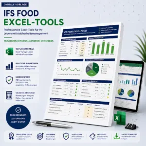 Universelles Produktbild für editierbare Excel-Tools und QM-Tabellenvorlagen nach IFS Food, HACCP und ISO 22000 Standards mit automatischen Berechnungen und Dashboards.