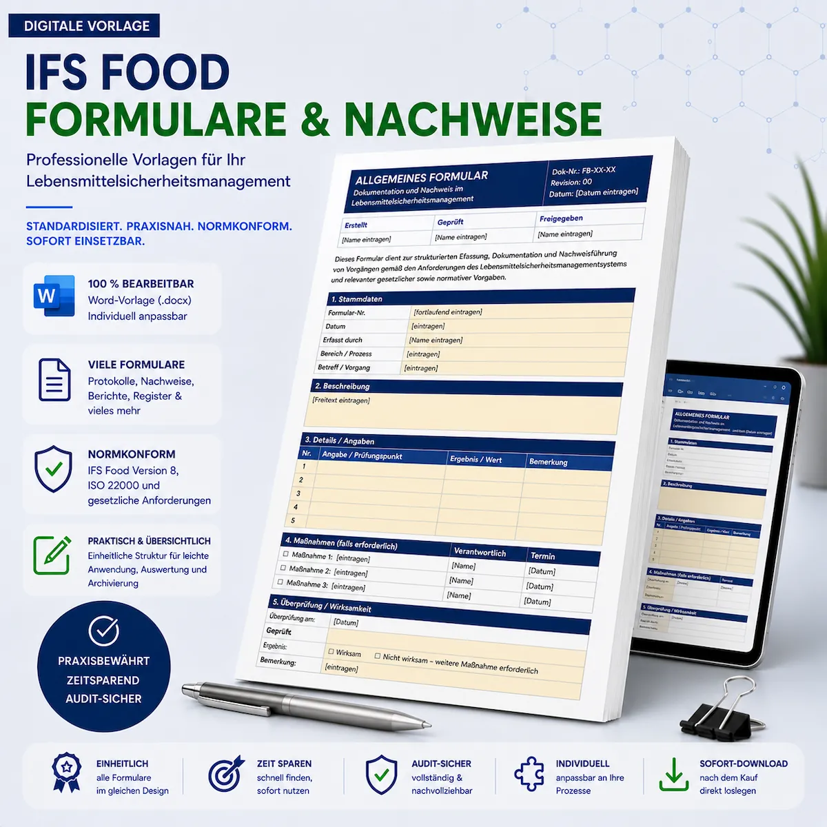 Universelles Produktbild für editierbare Word-Vorlagen von QM-Formularen, Protokollen und Nachweisen nach IFS Food, HACCP und ISO 22000 Standards im Lebensmittelsicherheitsmanagement.