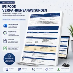 Universelles Produktbild für editierbare Word-Vorlagen von Verfahrensanweisungen nach IFS Food, HACCP und ISO 22000 Standards im Qualitätsmanagement der Lebensmittelindustrie.