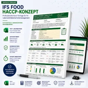 Universelles Produktbild für eine editierbare Excel-Vorlage des IFS Food Version 8 HACCP-Konzepts mit automatisierter Gefahrenanalyse, Codex-Entscheidungsbaum und Dashboard-Diagrammen.