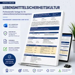 Produktbild einer bearbeitbaren Word-Vorlage für die Lebensmittelsicherheitskultur nach IFS Food Version 8 Kapitel 1.1 mit Prozessstammblatt, Kennzahlen und Audit-Badges.