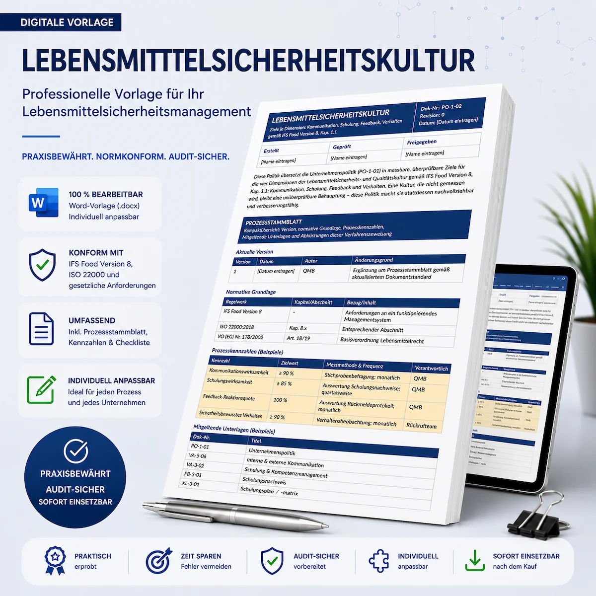 Produktbild einer bearbeitbaren Word-Vorlage für die Lebensmittelsicherheitskultur nach IFS Food Version 8 Kapitel 1.1 mit Prozessstammblatt, Kennzahlen und Audit-Badges.