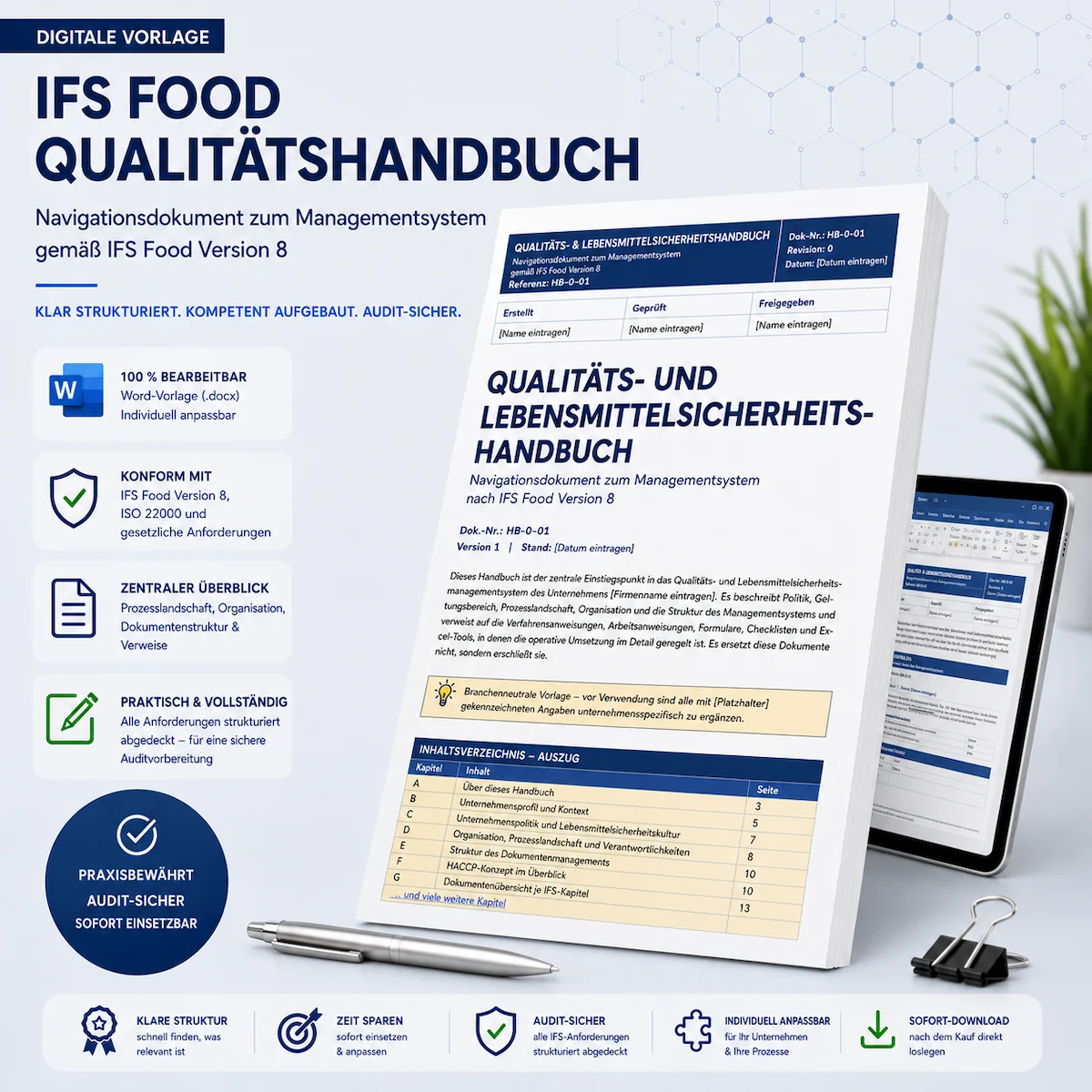Produktbild einer editierbaren Word-Vorlage für das IFS Food Version 8 Qualitätshandbuch mit Inhaltsverzeichnis zu Prozesslandschaft, HACCP-Konzept und Dokumentenstruktur.