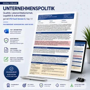 Produktbild einer editierbaren Word-Vorlage für die Unternehmenspolitik nach IFS Food Version 8 Kapitel 1.1 mit Grundsätzen zu Qualität, Lebensmittelsicherheit, Legalität und Authentizität.
