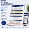 Produktbild einer editierbaren Word-Vorlage für die ISO 14001 Umweltpolitik nach Kapitel 5.2 mit Grundsatzerklärung, Normanforderungen zu Umweltbelastungen und Audit-Badges