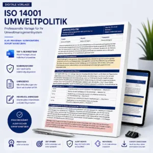 Produktbild einer editierbaren Word-Vorlage für die ISO 14001 Umweltpolitik nach Kapitel 5.2 mit Grundsatzerklärung, Normanforderungen zu Umweltbelastungen und Audit-Badges
