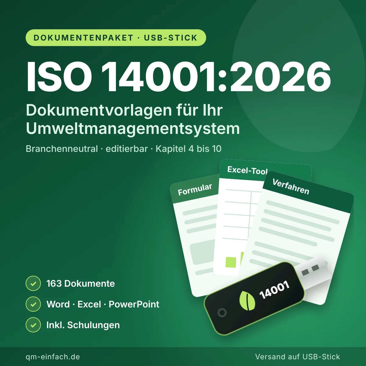Dokumentenpaket ISO 14001:2026 für das Umweltmanagementsystem auf USB-Stick mit Word-, Excel- und PowerPoint-Vorlagen