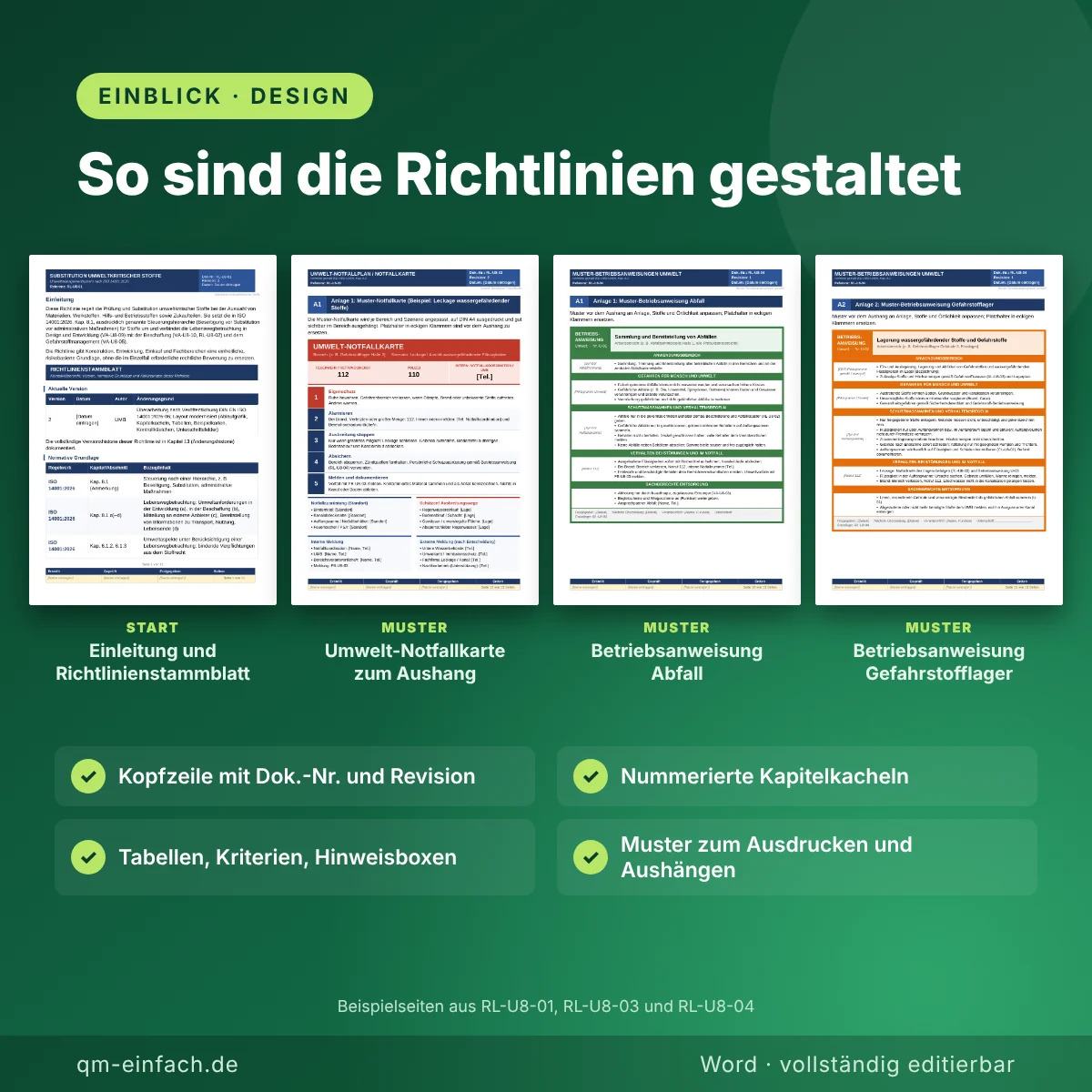 Beispielseiten der Richtlinien mit Stammblatt, Notfallkarte und Betriebsanweisungen