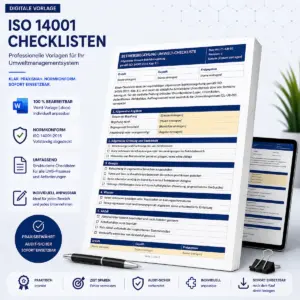 Universelles Produktbild für editierbare Word-Vorlagen von ISO 14001 Checklisten mit einer Prüfliste zur Umwelt-Betriebsbegehung und Audit-Badges.
