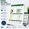 Universelles Produktbild für editierbare Excel-Tools des ISO 14001 Umweltmanagementsystems mit Umweltziele-Dashboard, automatisierten Berechnungen und Diagrammen.