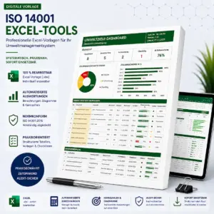 Universelles Produktbild für editierbare Excel-Tools des ISO 14001 Umweltmanagementsystems mit Umweltziele-Dashboard, automatisierten Berechnungen und Diagrammen.