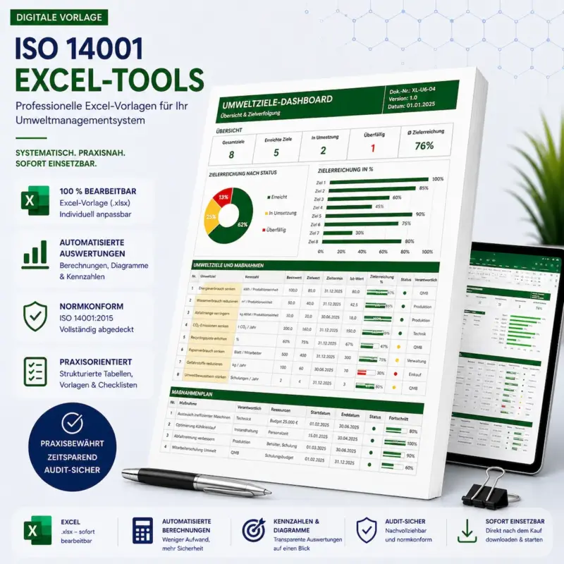 Universelles Produktbild für editierbare Excel-Tools des ISO 14001 Umweltmanagementsystems mit Umweltziele-Dashboard, automatisierten Berechnungen und Diagrammen.