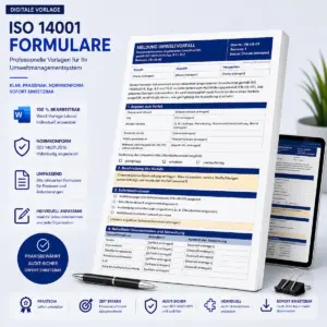 Universelles Produktbild für editierbare Word-Vorlagen von ISO 14001 Formularen und Nachweisen mit einem Protokoll zur Meldung von Umweltvorfällen und Audit-Badges.