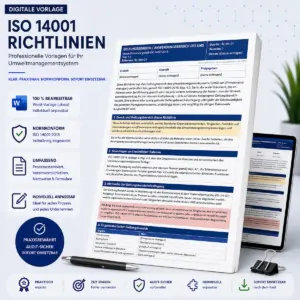 Universelles Produktbild für editierbare Word-Vorlagen von ISO 14001 Umweltmanagement-Richtlinien mit Dokumenten-Mockups zum Geltungsbereich und rechtlichen Rahmen.